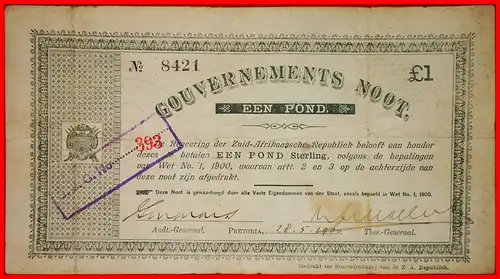 ~ REGIERUNGSANMERKUNG: SÜDAFRIKA ★ 1 POND PFUND 1900! KNACKIG! RARITÄT! GERADE VERÖFFENTLICHT! ~ GOVERNMENTAL NOTE: SOUTH AFRICA ★CRISP! RARITY! JUST PUBLISHED!