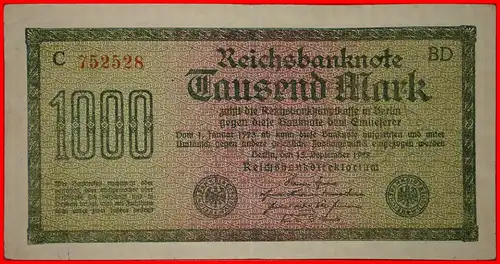 * REICHSBANKNOTE: DEUTSCHLAND ★ 1000 MARK 1922 MÄANDER! KNACKIG!  *  GERMANY ★