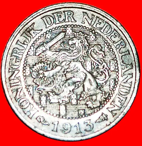 * WUCHERND LÖWE (1913-1941): NIEDERLANDE ★ 1 CENT 1913 SELTEN! WILHELMINA (1890-1948)  * RAMPANT LION: NETHERLANDS ★ UNCOMMON!