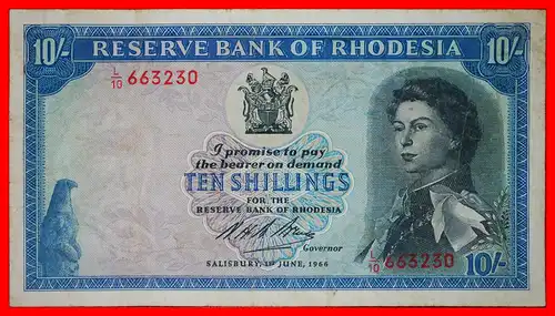 ~ RHODES (1853-1902): RHODESIEN von GROSSBRITANNIEN ★ 10 SHILLINGS 1966 SELTEN! KNACKIG!  ~ RARE: RHODESIA OF GREAT BRITAIN ★ 10 SHILLINGS 1966 ! CRISP!