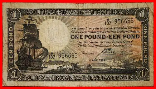 ~ SCHIFF (1928-1947): SÜDAFRIKA ★ 1 PFUND 1944 RARITÄT! ~ SHIP (1928-1947): SOUTH AFRICA ★ 1 POUND 1944 RARITY!