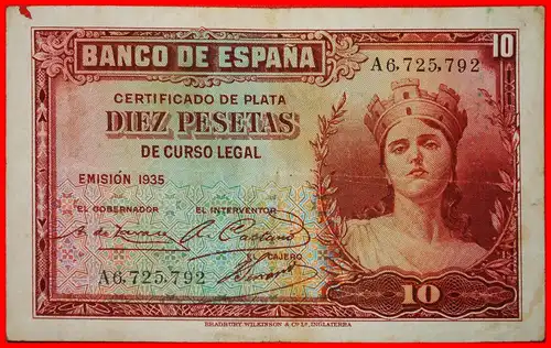 * GROSSBRITANNIEN: SPANIEN ★ SILBER-ZERTIFIKAT 10 PESETEN 1935 KNACKIG! * GREAT BRITAIN: SPAIN ★ SILVER CERTIFICATE