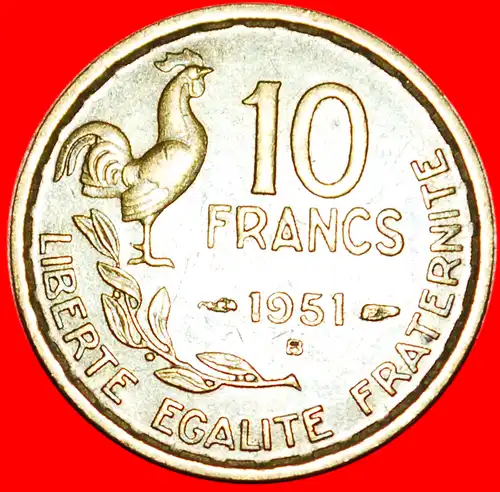* HAHN (1950-1959): FRANKREICH★ 10 FRANC 1951B! * COCK: FRANCE ★