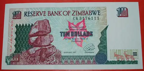 * ANTILOPE & KLIPPEN ★ SIMBABWE★ 10 DOLLAR 1997! KFR KNACKIG! * ANTELOPE & CLIFFS ★ ZIMBABWE★