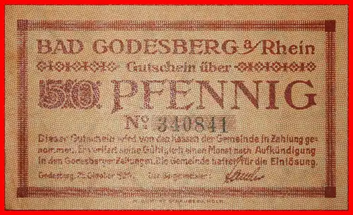 * RHEINLAND: DEUTSCHLAND BAD GODESBERG ★ 50 PFENNIG 1920 VZGL KNACKIG! VERÖFFENTLICHT WERDEN! * RHINE: GERMANY BAD GODESBERG ★  TO BE PUBLISHED!