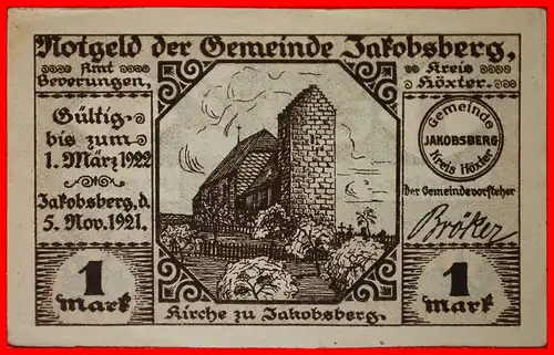 * WESTFALEN: DEUTSCHLAND JAKOBSBERG ★ 1 MARK 1921 STG KNACKIG!  * WESTPHALIA: GERMANY ★  