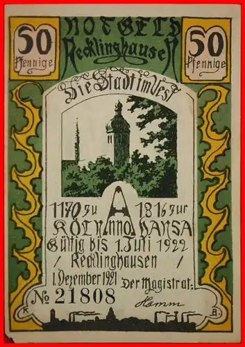 * WESTFALEN: DEUTSCHLAND RECKLINGHAUSEN ★ 50 PFENNIG 1921 VZGL KNACKIG! GERADE VERÖFFENTLICHT!  * WESTPHALIA: GERMANY RECKLINGHAUSEN ★ JUST PUBLISHED!