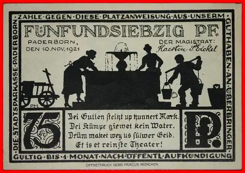 * WESTFALEN: DEUTSCHLAND PADERBORN ★ 75 PFENNIG 1921 KFR KNACKIG! SCHWARZDRUCK! * WESTPHALIA: GERMANY PADERBORN ★ UNC CRISP! BLACK PRINT! 