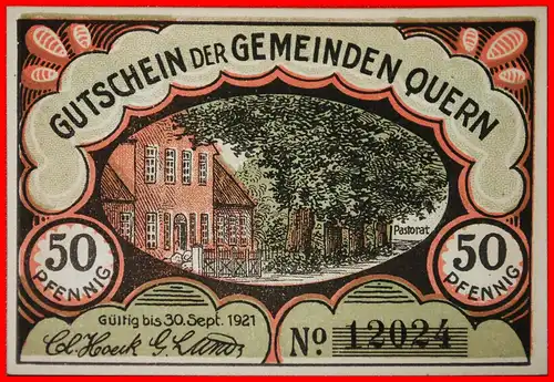 * SCHLESWIG-HOLSTEIN: DEUTSCHLAND QUERN ★ 50 PFENNIG (1921) KFR KNACKIG! BEDEUTENDE VERGANGENHEIT!    *  GERMANY  ★ 