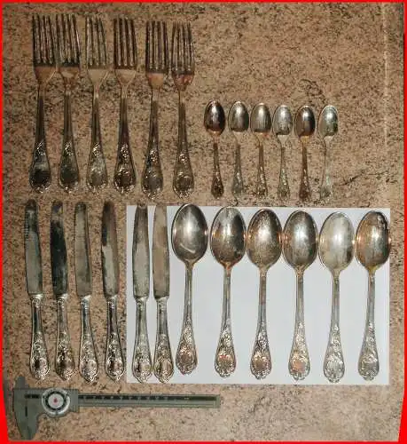 * A.800 A=Argent, SILBER: ITALIEN ★ ELEGANTE MESSER LÖFFEL GABELN 6x4=24 teile 1970er Jahre  * A.800 A=Argent, SILVER: ITALY ★ ELEGANT KNIVES SPOONS FORKS 6x4=24 pcs 1970s