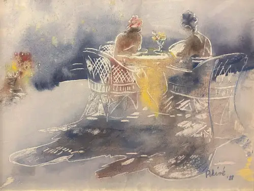AKIRÉ 20. Jh 2 Frauen am Tisch 1988 Original Aquarell Mischtechnik 40x53