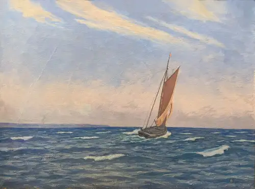 Dänischer Maler MS Seestück mit Segelboot Original Öl/Lw 52x70 Marie Sandholt?