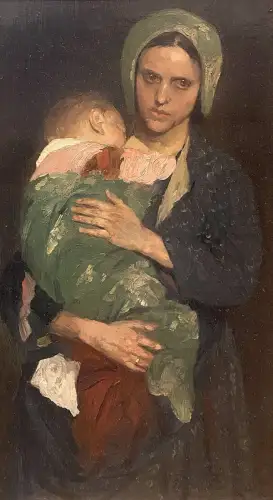 Wilhelm Beckmann Düsseldorf 1852-1942 Berlin „Mutterglück“ Öl/Lw 52x29