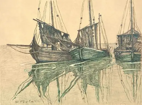 Erich v. Perfall 1882-1961 Düsseldorf Boote im Hafen Original Lithographie 31x42