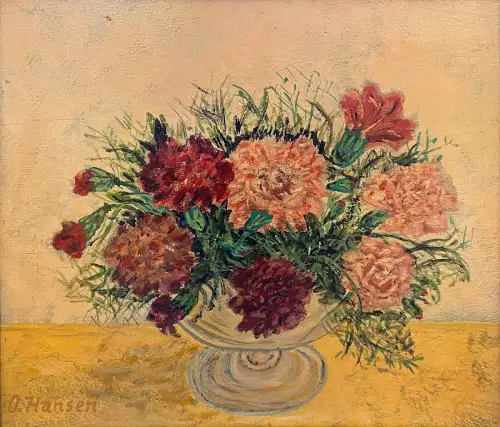 O. HANSEN 1. Hälfte 20. Jh. Dänemark Blumen Stilleben Original Öl Holz 20,5x24