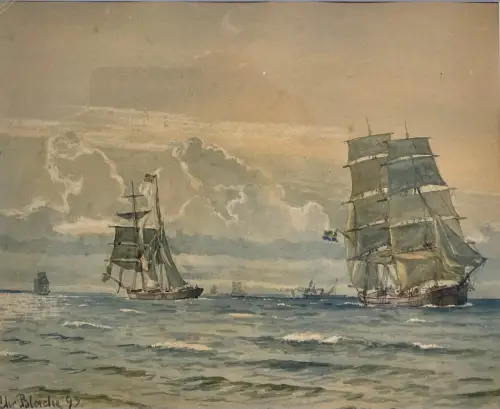 CHRISTIAN BLACHE 1838-1920 Dänemark Seestück m. Schiffen Original Aquarell 22x28