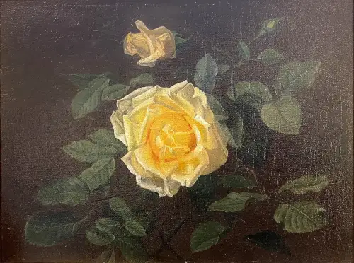 Dänischer Blumenmaler des 19. Jh. Gelbe Rosen Original Öl Leinwand 22,5x30
