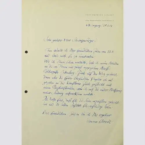 Prof. Hermann Schardt: Handschr. Brief an Fritz Schwarzenberger, 1958