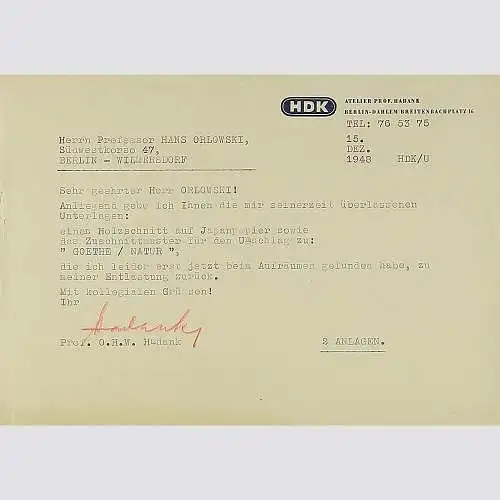 Professor O.H.W. Hadank: Brief an den Maler Professor Hans Orlowski. 1948.