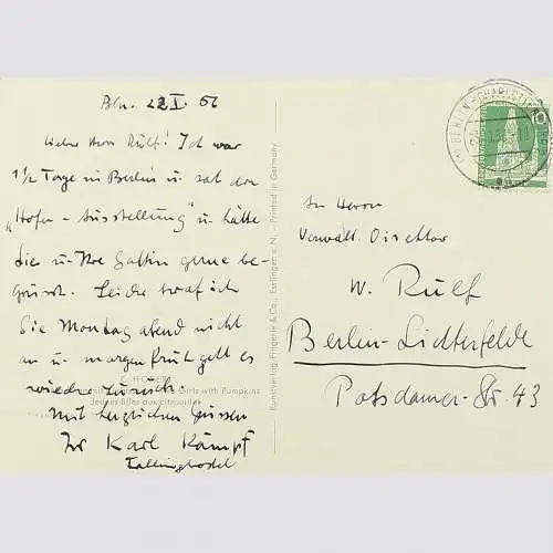 Karl Kämpf. Handgeschriebene AK an Willi Rulf 1956