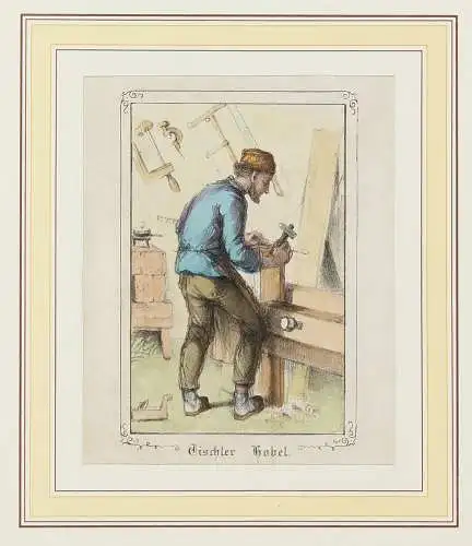 Karikatur: Tischler Hobel. Kolorierte Lithografie um 1820. 