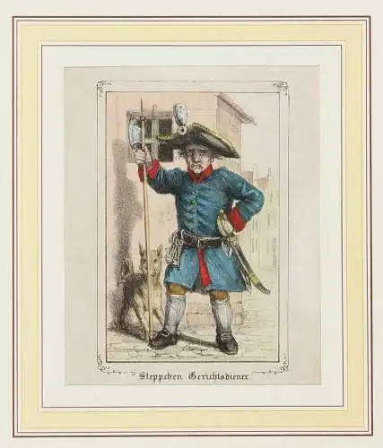 Karikatur: Steppchen Gerichtsdiener. Kolorierte Lithografie um 1820. 
