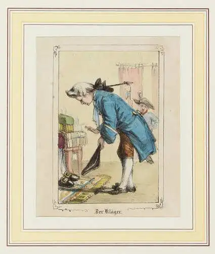 Karikatur: Der Kläger. Kolorierte Lithografie um 1820. 