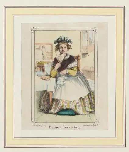 Karikatur: Rosine Zuckerherz. Kolorierte Lithografie um 1820. 