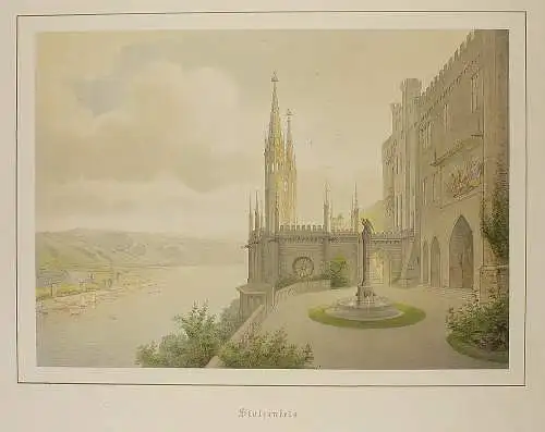 Prächtige, großformatige Ansicht von Stolzenfels, koloriert