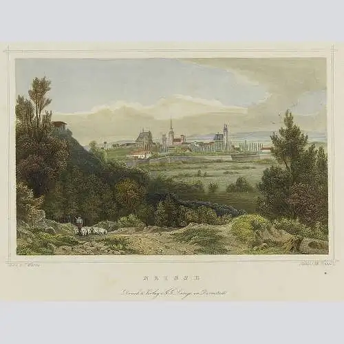 Polen: Neisse (Schlesien). Gesamtansicht aus der Ferne. Handkoloriert um 1850