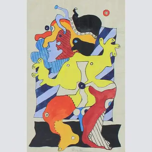 Rolf Fässer: Figürliche Komposition II. Aquarell 1971. Ähnlich Otmar Alt