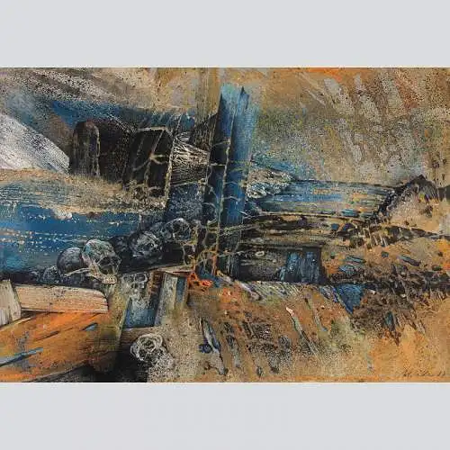 Wilfried Düker: Landschaft mit Totenköpfen. Mischtechnik 1987