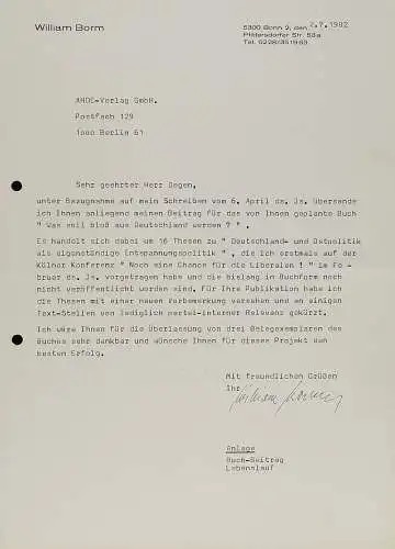 Borm, William. Agent des DDR-Ministeriums für Staatssicherheit, 2 sign. Briefe