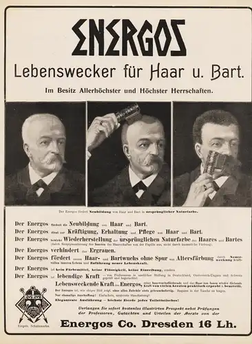 Historische Original-Reklame / Ganzseiten-Anzeige Haarfärbemittel ENERGOS - Dresden von 1907