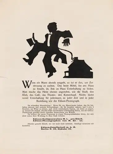 Historische Original-Reklame / Ganzseiten-Anzeige EDISON PHONOGRAPHEN von 1907