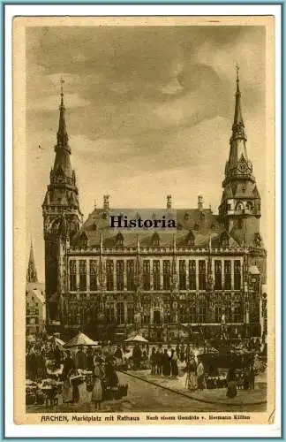 [Ansichtskarte] Aachen Martkplatz mit Rathaus nach einem Gemälde. 
