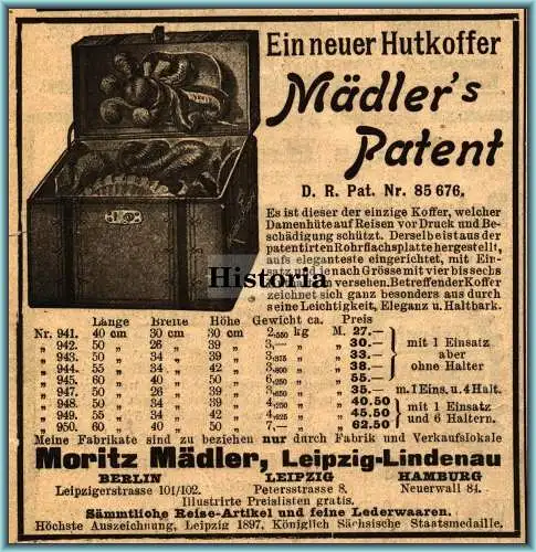 Original Anzeige / Reklame / Werbung 1898 - Hutkoffer / Moritz Mädler - Leipzig-Lindenau