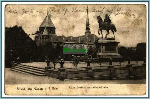 [Ansichtskarte] Gruß aus Essen a.d. Ruhr - Kaiserdenkmal und Münsterkirche. 