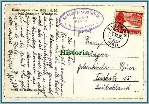 [Ansichtskarte] Klausenpasshöhe mit Schächentaler-Windgälle  - 1955. 