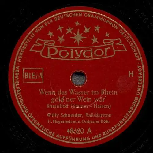 Schellackplatte 78 U/Min. : Willy Schneider : Wenn das Wasser im Rhein gold'ner Wein wär / Schütt' die Sorgen in ein Gläschen Wein  - 1951