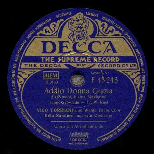 Schellackplatte 78 U/Min. : Vico Torriani – Ein Abend Am Lido / Addio Donna Grazia (Leb' Wohl, Kleine Madonna)
