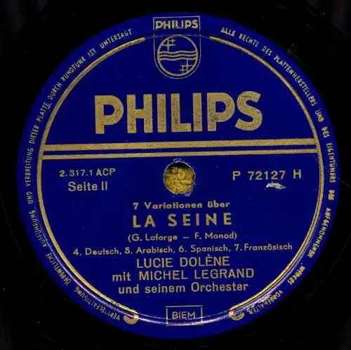 Schellackplatte 78 U/Min : Lucie Dolène und Michel Legrand mit seinem Orchester : 7 Variationen über La Seine