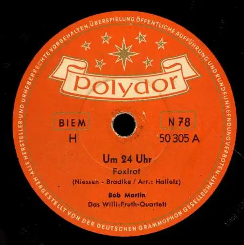 Schellackplatte 78 U/Min. : Bob Martin - Um 24 Uhr / Peggy Brown - 1956