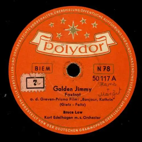 Schellackplatte 78 U/Min. : Bruce Low : Golden Jimmy / Wenn die Sonne scheint in Texas (Yellow Rose Of Texas) - 1956