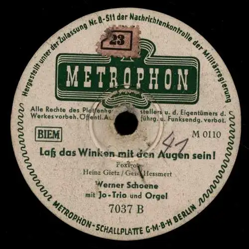 Schellackplatte 78 U/Min : Werner Schoene mit Jo-Trio und Orgel - Kätchen-Polka / Laß' das Winken mit den Augen sein