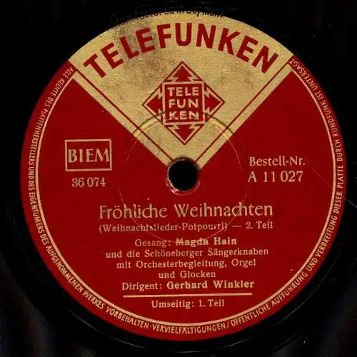 Schellackplatte 78 U/Min. : Magda Hain und die Schöneberger Sängerknaben -  Fröhliche Weihnachten - 1950
