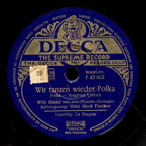 Schellackplatte 78 U/Min. : Will Glahé und sein Musette-Orchester - Wir tanzen wieder Polka / Raspita  - 1951