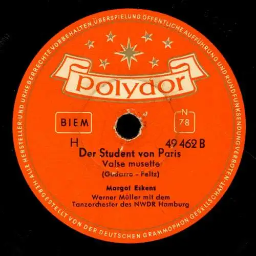 Schellackplatte 78 U/Min. : Margot Eskens - Mutti, Du darfst doch nicht weinen / Der Student von Paris - 1955