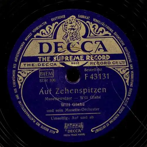Schellackplatte 78 U/Min. : Will Glahé und sein Musette-Orchester - Auf Zehenspitzen / Auf und ab - 1948