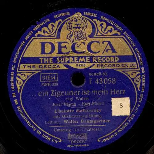 Schellackplatte 78 U/Min. : Liselotte Malkowsky & Will Glahé und sein Musette-Orchester - Drei Matrosen / ...ein Zigeuner ist mein Herz  - 1951
